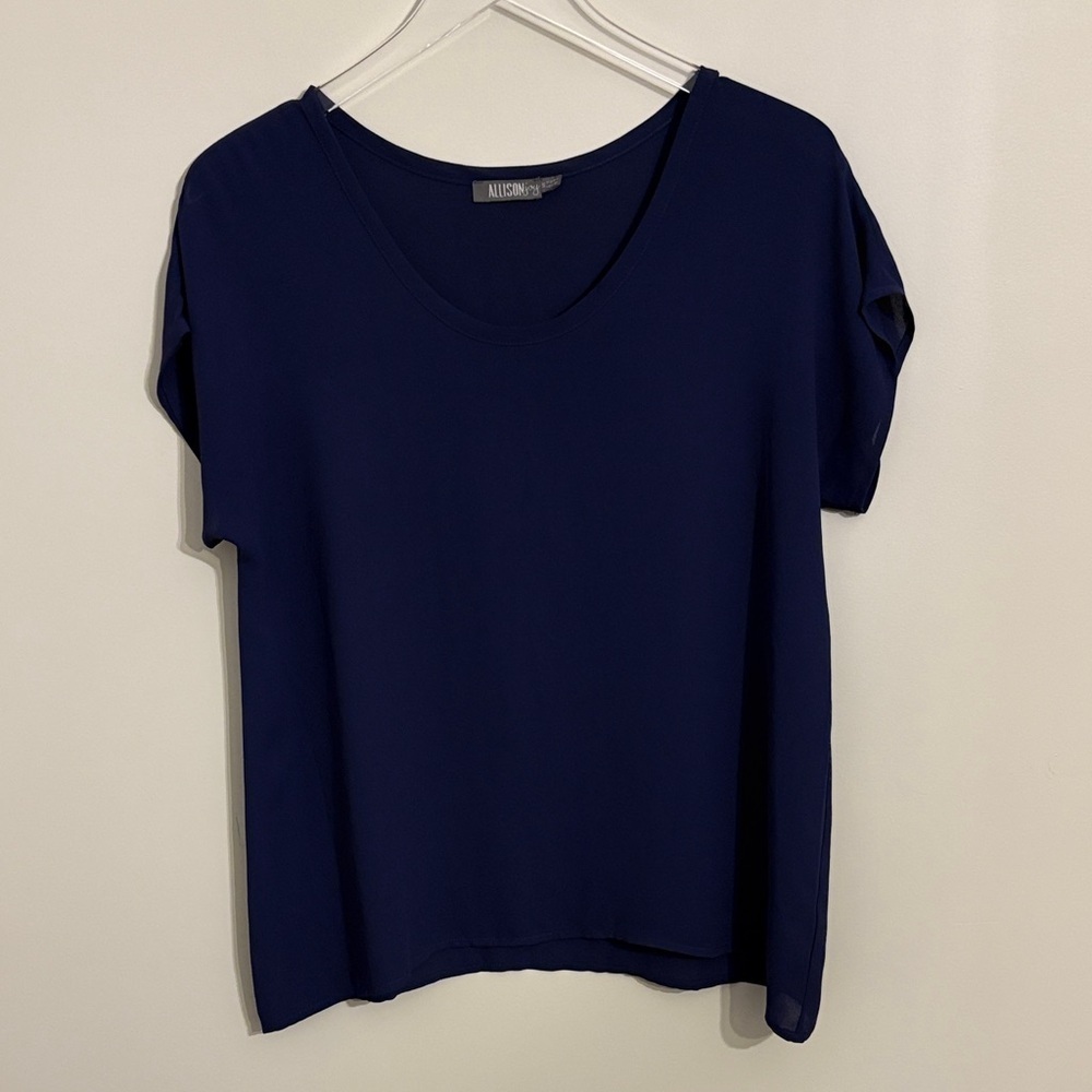 Allison Joy Chiffon Navy Blue Short Sleeve Top Size Small